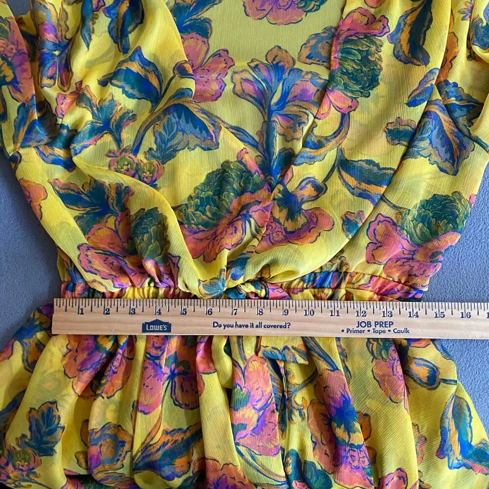 Misa Kaia Floral Chiffon Mini Dress Womens L Canary Yellow Anthropologie Revolve - Picture 11 of 16